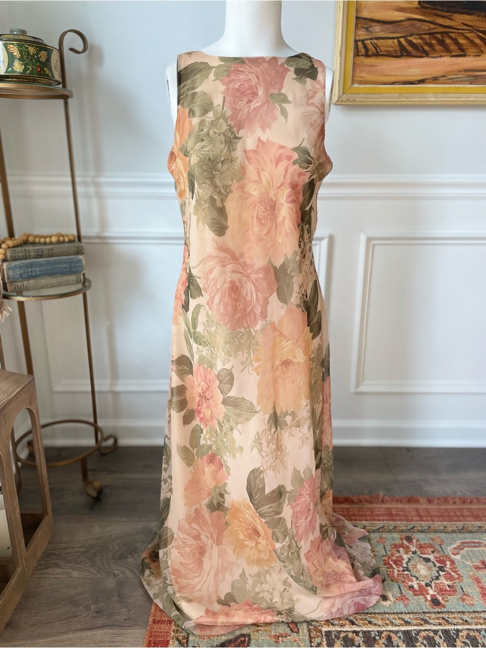 B. Moss Peach and Olive Floral Maxi Dress